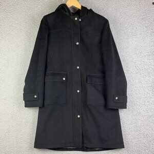 Michael Kors Black Hooded Wool Coat Women's Size 6 Mid Length Overcoat Lining *